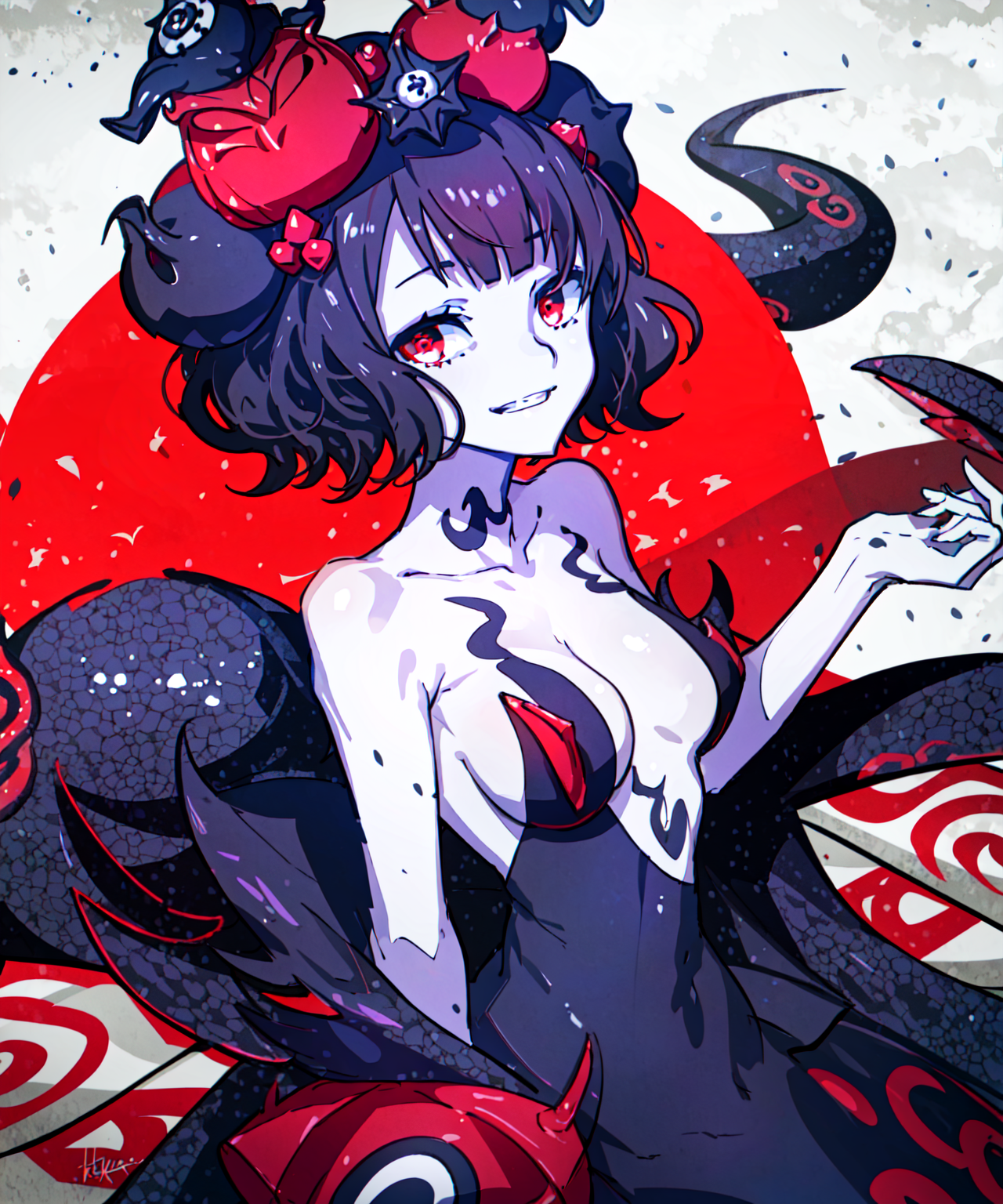 00231-1446954940-((masterpiece,best quality, detailed)), hair ornament, black dress, pale skin, tentacles, red eyes, smile, crazy eyes, katsushik.png